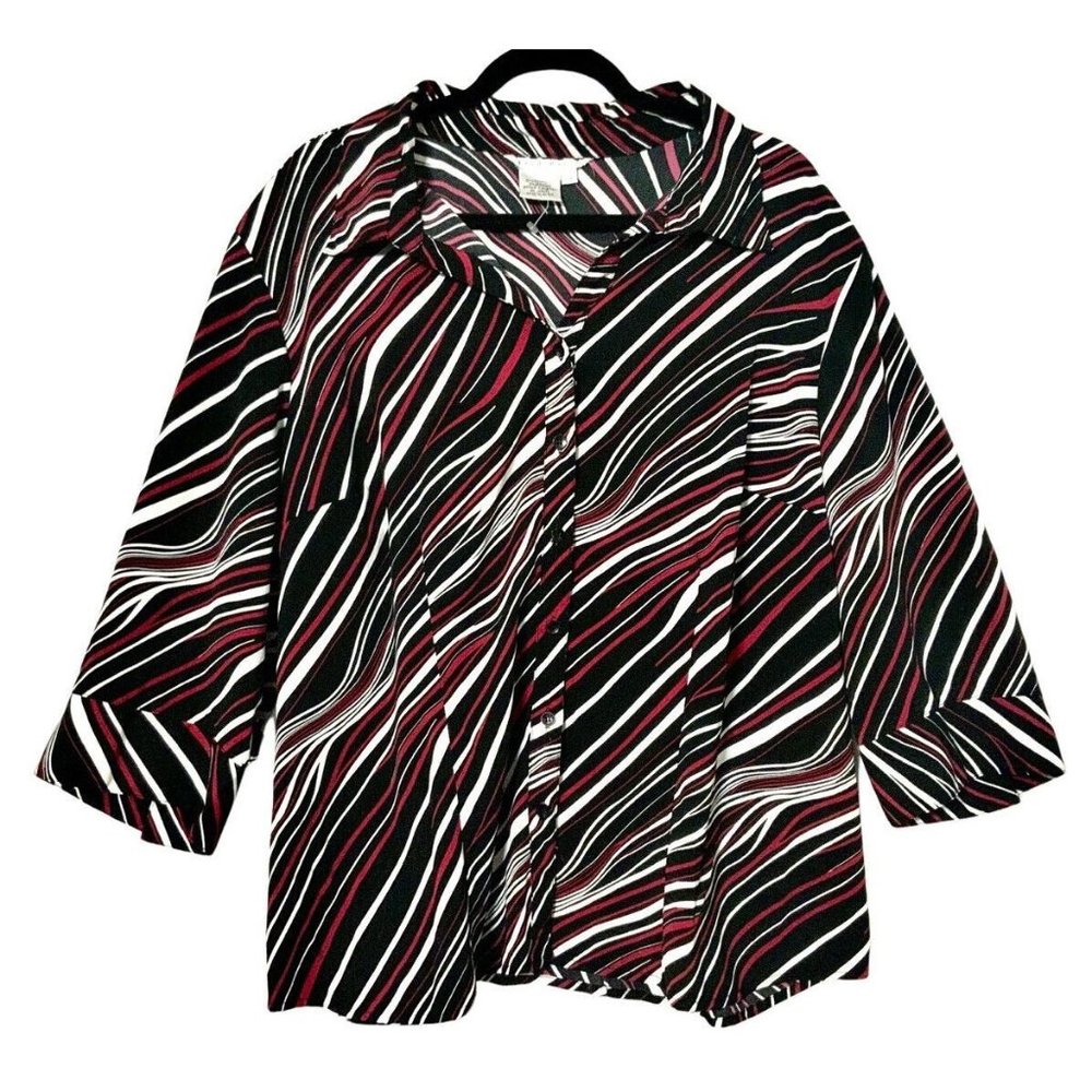 Vintage Fred David Woman Womens Blouse Button Up Shirt 3X Red Black White 3/4 Sl